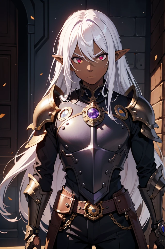 masterpiece, best quality, 8k, ultra high res, dark theme, 1boy, male, (dungeonpunk armor), (mechanical steampunk armor), (wearing armor), fantasy illustration, dark skinned, human, upper body, portrait, red eyes, perfect eyes, long white hair, half-drow, pointy ears, serious face, young man, dramatic lighting, purple hue, art by Kinema Citrus