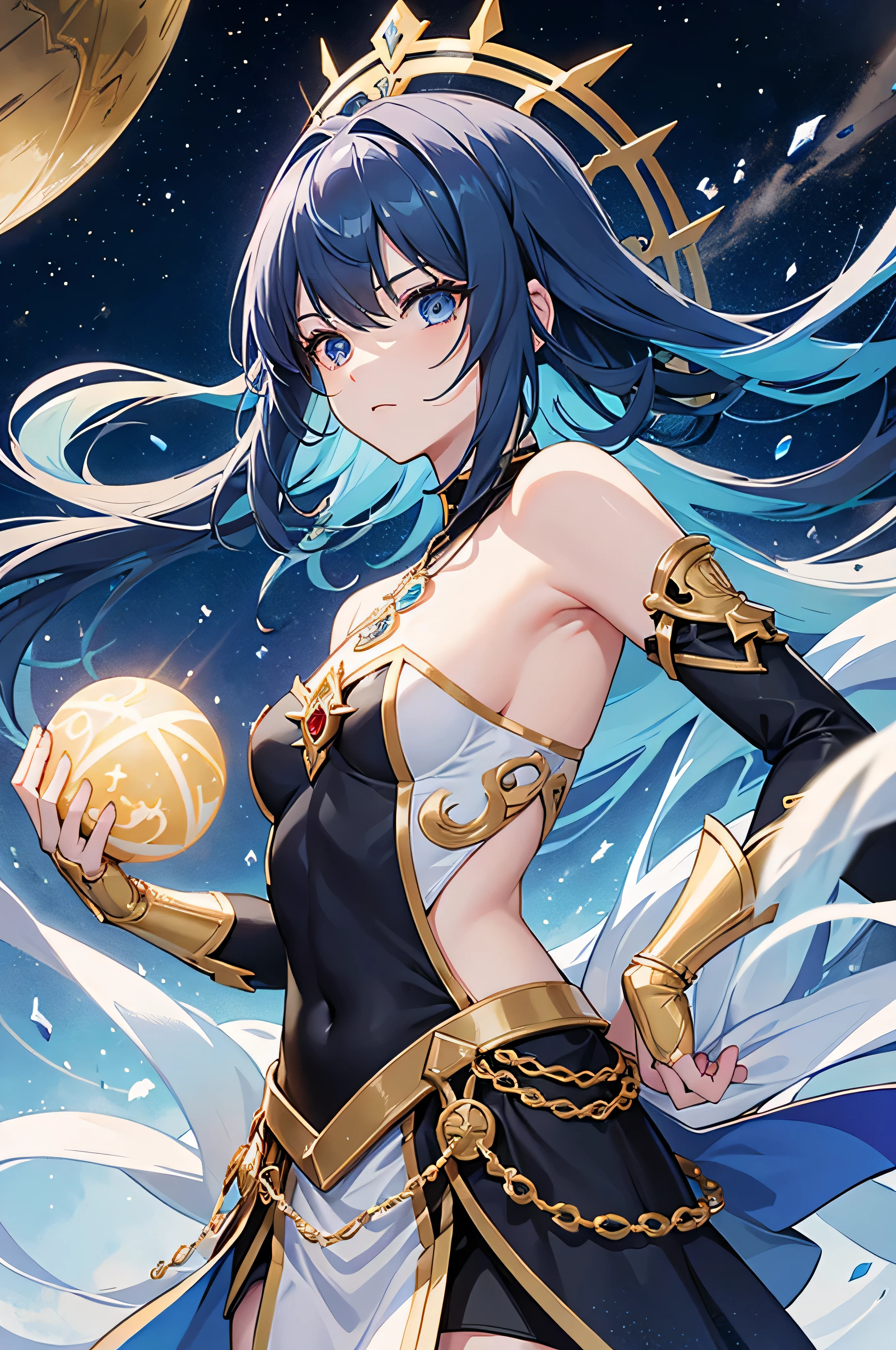 General description:
"Draw a 17 year old girl named Riven Starwind in anime style, showing her from the waist up. She must have an enigmatic and powerful appearance, with characteristics that reflect its complex and interdimensional nature."

body hair:
"Riven has long black hair, with shiny locks that reflect the colors of the cosmos, especially heavenly blue. Your hair should have a fluid movement, highlighting its mystical aspect."

eyeballs:
"Your eyes are uneven: one celestial blue eye that symbolizes your connection with benevolent entities and the other fiery red, representing your inner strength and power."

Apparel & Accessories:
"She wears flowing, predominantly black outfits., with celestial blue and fiery red details. Light armor is silver with gold ornaments, decorated with mystical symbols and ancient runes that glow faintly. Include a necklace with a small gold and silver orb, symbolizing its link with the Orb of Worlds."

Pose and Expression:
"Draw her in a pose that conveys confidence and determination. Her expression should reflect her anti-heroine nature, with a look that suggests both compassion and caution."

Paleta de cores:

cosmic black: For clothes and hair.
azul celestial: For eye details, hair highlights and accessories.
fiery red: To the other eye.
mystic silver: For armor and ornaments.
doradas: For accessories and ornaments.
context:
"Capture the essence of your story, where she was guided by a mysterious light to the Lost Temple of Nyxoria and connected with the Orb of Worlds, gaining interdimensional abilities."

Use these guidelines to create a detailed and captivating image of Riven Starwind in anime style, capturing your unique, multifaceted essence from the waist up.