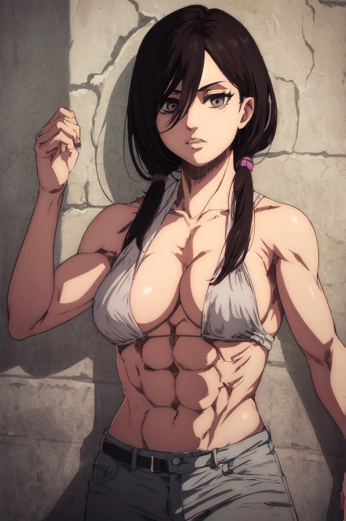 1girl,ultra high details, ultra high auality,(highly detailed face)1.2,(high quality of face)1.3,Mikasa Ackerman,highly detailed abs,perfect female anatomy, best quality of shadows,highly detailed muscles,beautiful face,volume shadows