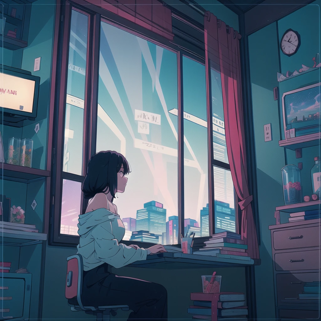 "Generate a scene featuring an anime-style girl sitting on a bed in a modern city apartment at dusk. The room should have a cozy and relaxed atmosphere with a lamp illuminating a desk cluttered with books and stationery. The girl has shoulder-length dark hair and is dressed casually. She is gazing thoughtfully out the window at the city skyline, which is bathed in the warm hues of the setting sun. The background should include tall buildings with their lights starting to turn on, creating a serene and contemplative mood."