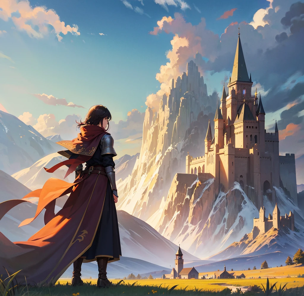 work of art, ultra detaild, medieval fantasy, plains, castle in the background, mountains on the horizon, Sunnyday, clouds