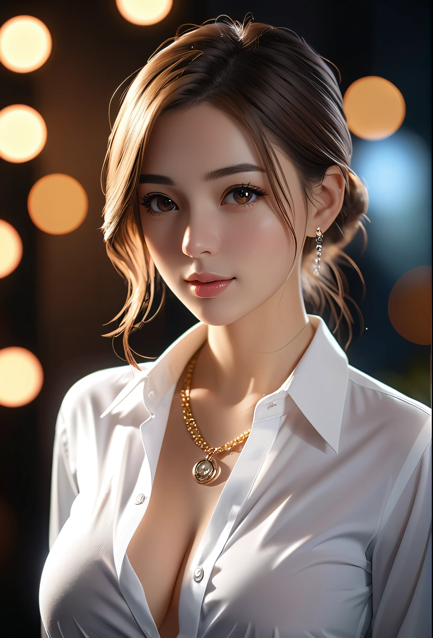 best quality, masterpiece, High resolution, a girl, Mens white collar shirt, necklace, jewelry, pretty face, big breasts, more than_Body, Tyndall effect, lifelike, dark studio, edge lighting, two-tone lighting, (HD skin: 1.2), 8K Ultra HD, SLR camera photo, soft light, high quality, Volumetric lighting, frank, photography, super high resolution, 8K, Bokeh, shallow depth of field