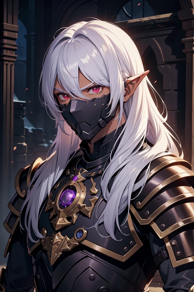 masterpiece, best quality, 8k, ultra high res, dark theme, 1boy, male, (dungeonpunk armor), (mechanical steampunk armor), (wearing armor), fantasy illustration, dark skinned, human, upper body, portrait, red eyes, perfect eyes, long white hair, half-drow, pointy ears, serious face, young man, dramatic lighting, purple hue, art by Kinema Citrus