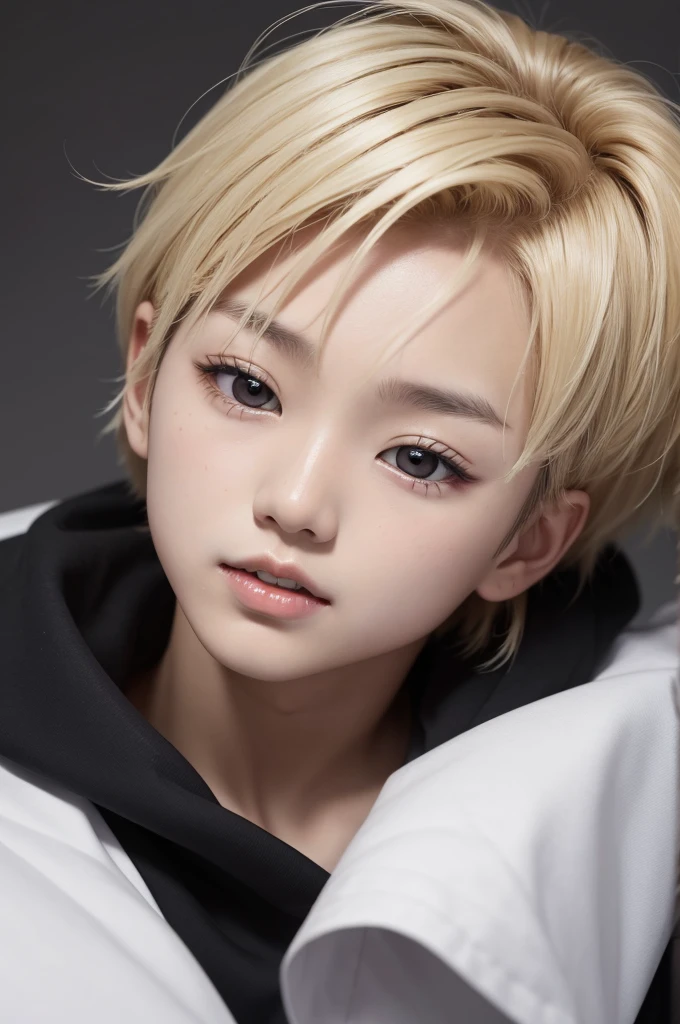 A Korean boy with medium black hair with blonde locks, he has rabbit teeth his hair has little blonde highlights