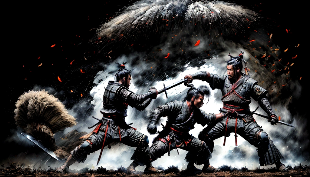 Andy Lau fights monsters (best qualityer, Ultrathin, Samurai on sandy terrain , forcefully lifting dust and soot of dry leaves from your feet to from clothes, a hand holding a Samurai sword, fighting, Evasion, Dodge, realisitic, photo-realisitic:1.37), swirly vibrant colors, sharp focus, bokeh, (fancy:1.2),(Mysterious Landscape), (dynamic pose:1.37), intense gaze, extraordinary power, Mythical power, black and red, Day with smoke effects , raising dust, construction, in the background a part of a Japanese style bonsai tree)