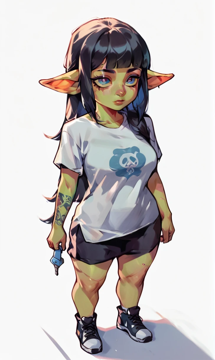 score_9_up,score_8_up,score_7_up,score_6_up,rating_safe,(dark,chiaroscuro,low light, desaturated:1.2),solo,1girl,goblin woman, (white t-shirt with panda design:1.1),standing,,facing viewer, (shortstack:1.3), large breasts, wide hips, beautiful, cute, scars, long straight hairstyle, blunt bangs, tattoo
