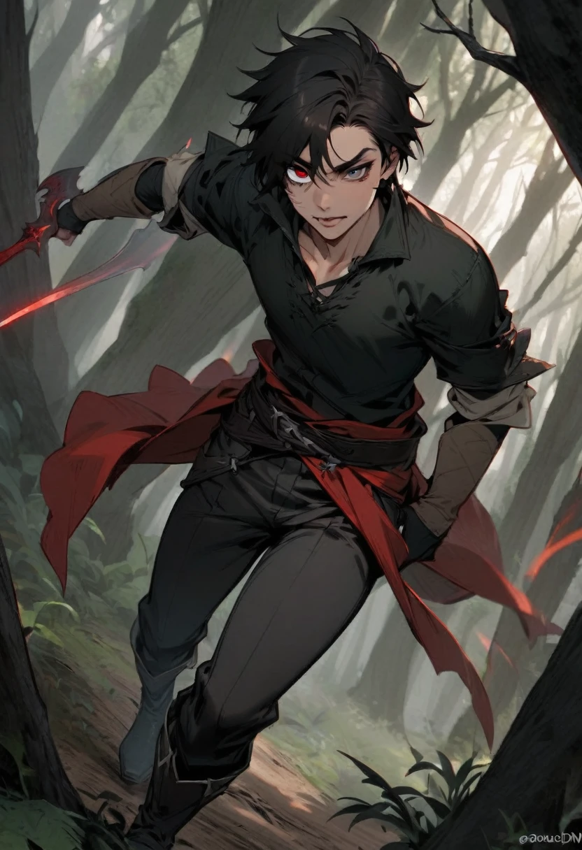 young man ,Male Dark, dark Woods,Red & Black colors, odd eye, rogue dnd, 