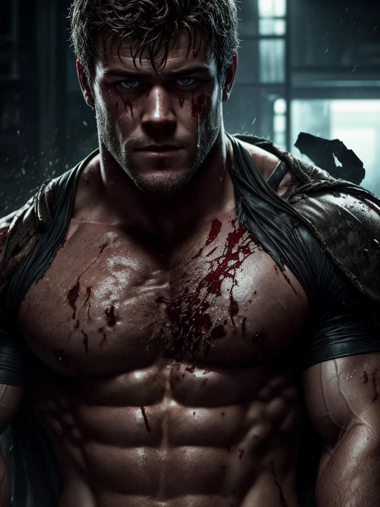 Close-up photo of a naked, splattered Luke Hemsworth as Piers Nivans from Resident Evil 6. The modern muscle soldier. The whole face is splattered and covered in many places with large drops of sperm, it flows out of the mouth. , dripping from his face. He appears determined, his left eye is infected with a virus that causes the left side of his face to appear mutated. he is completely naked, sperm is dripping from him everywhere.., big dick, erection. There is a dark greenish laboratory in the background. Aesthetics of the Apocalypse. Cinematic shot in the style of Greg Rutkowski and Krabat.