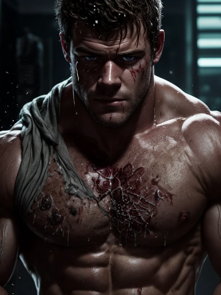 Close-up photo of a naked, splattered Luke Hemsworth as Piers Nivans from Resident Evil 6. The modern muscle soldier. The whole face is splattered and covered in many places with large drops of sperm, it flows out of the mouth. , dripping from his face. He appears determined, his left eye is infected with a virus that causes the left side of his face to appear mutated. he is completely naked, sperm is dripping from him everywhere.., big dick, erection. There is a dark greenish laboratory in the background. Aesthetics of the Apocalypse. Cinematic shot in the style of Greg Rutkowski and Krabat.