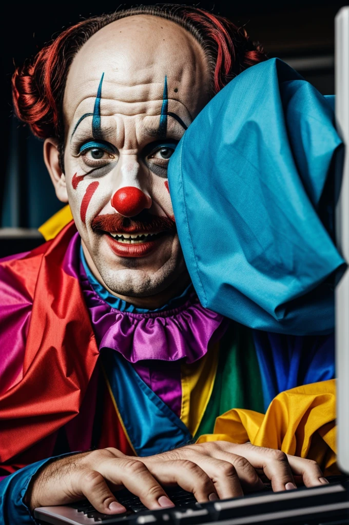 A real and sad clown who is working with the computer