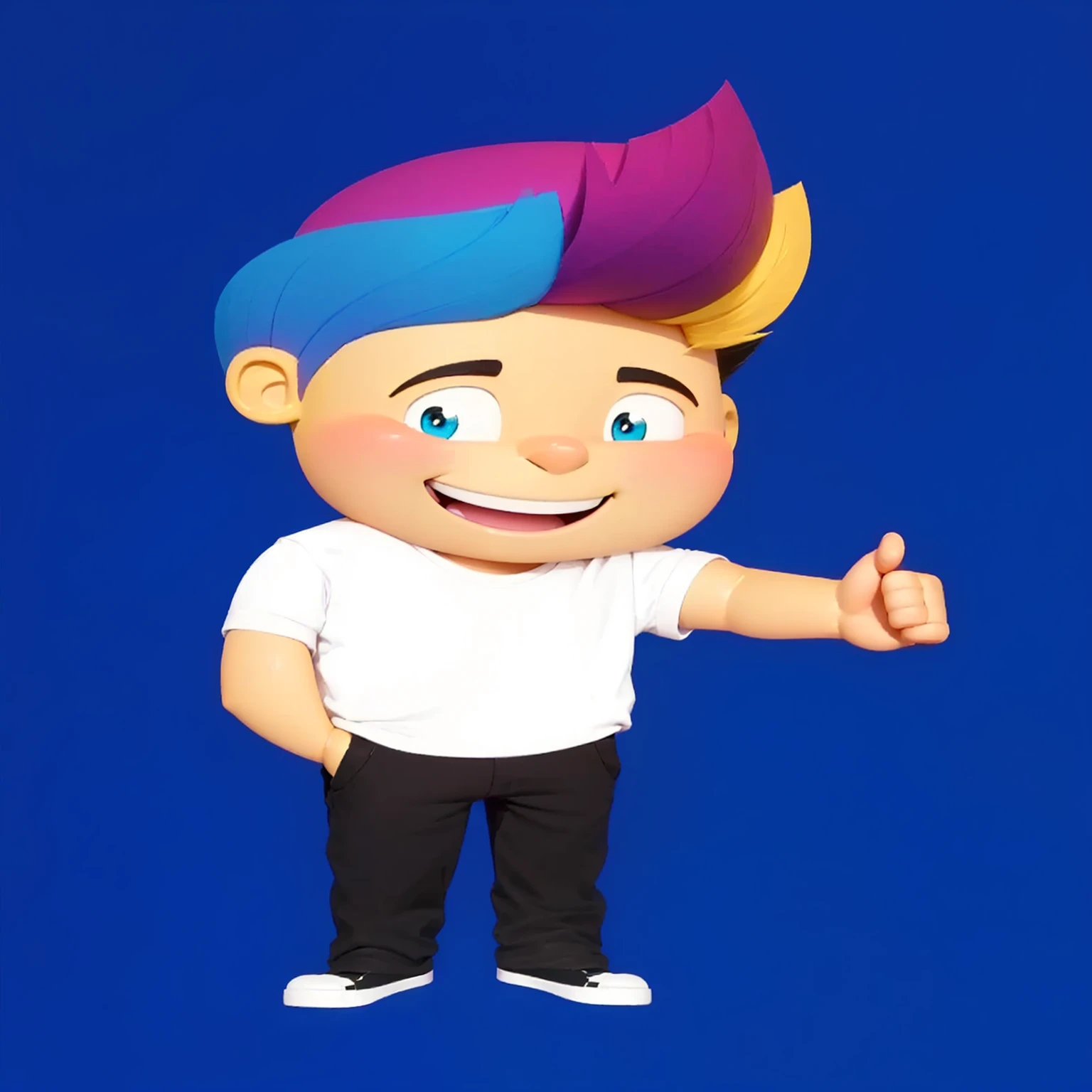 good-great,3d, high qualiy, 1,young man smiling, Big eyes, blonde, hair blue, Pink, yellow and black, white  shirt, fully body, positive sign, hand in pocket disney pixar style