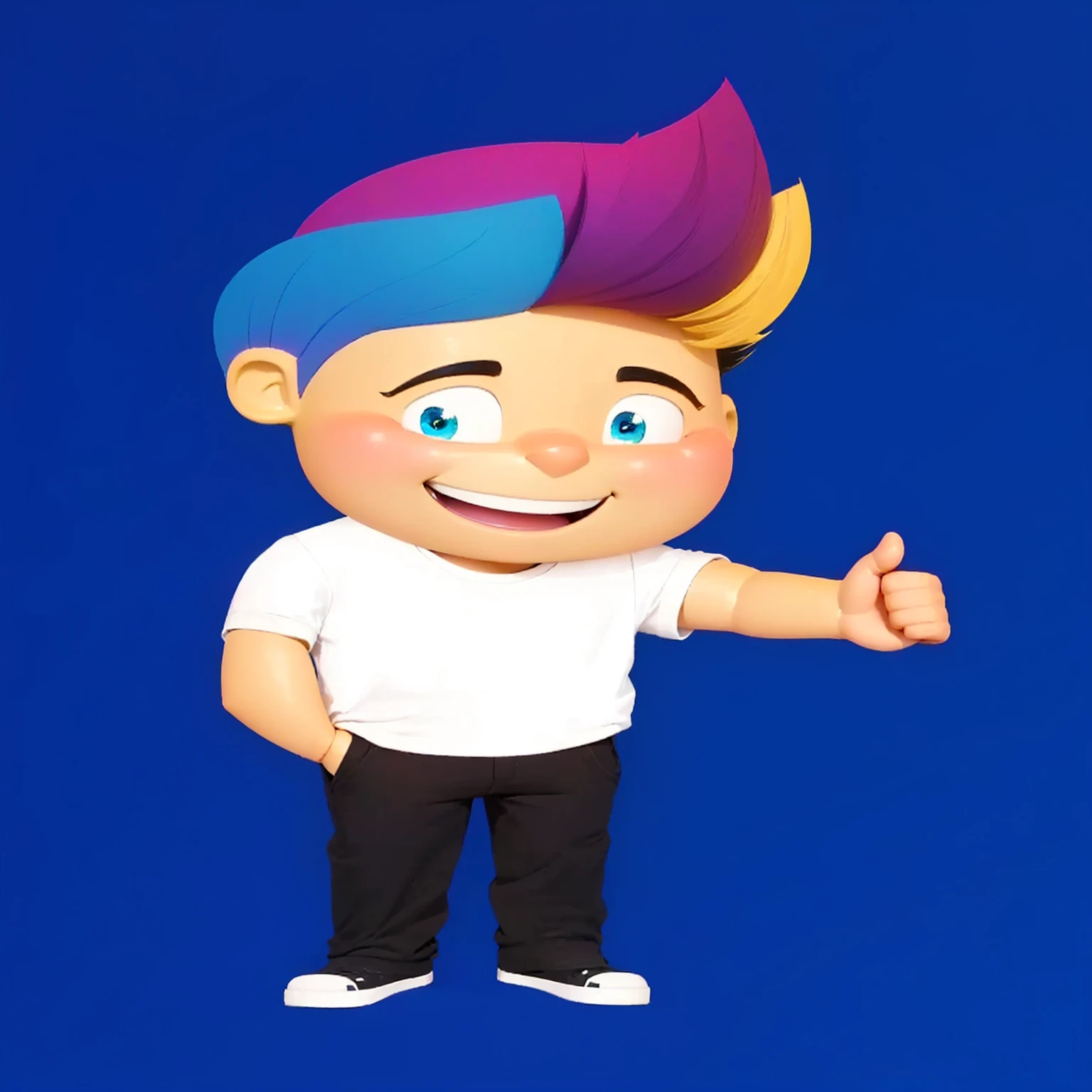 good-great,3d, high qualiy, 1,young man smiling, Big eyes, blonde, hair blue, Pink, yellow and black, white shirt, fully body, positive sign, hand in pocket disney pixar style