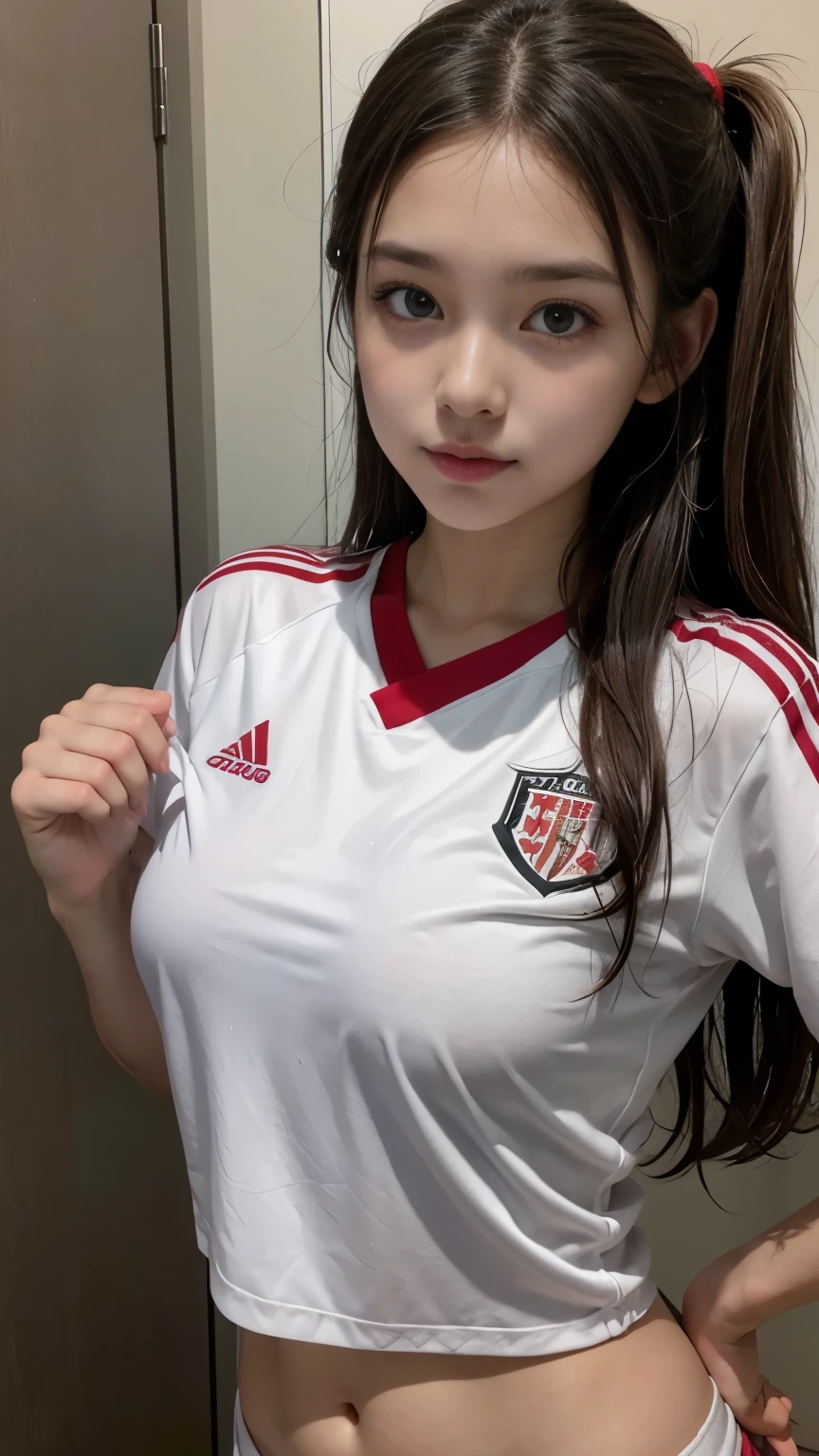 Cute and sexy teenage girl wearing a white and red soccer jersey with medium breasts 