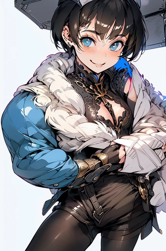 (masterpiece, very high quality, perfect anatomy, erotic, sexy) medieval, fantasy world, 1 man, young, slender, small, thick thighs short silver hair, bangs, sea green eyes (black pirate hat, black vest, shorts short leather, black thong panties) on a pirate ship slutty smile, flushed face, excited expression