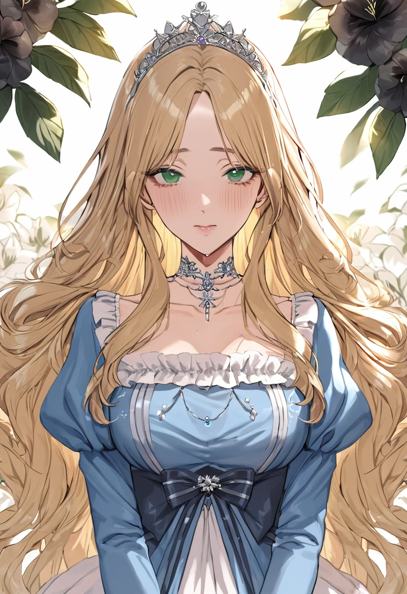 (sexy-style), floral background, romance manhwa, (masterpiece, best quality, highres), 1girl, blonde hair, solo, long hair, flower, dress, tiara, white dress, gloves, long sleeves, choker, green eyes, mascara, makeup, white gloves, black bow, black flower, wavy hair, bow, jewelry, looking at viewer, white background, collarbone, puffy sleeves, silver accessories, upper body, parted bangs, very long hair, blue dress, frills, bangs, closed mouth, detailed eyes, close up, gleaming skin, shiny glossy skin