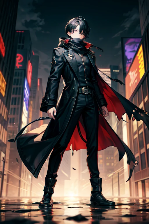 ((best quality)), ((masterpiece)), (detailed), 1 boy, full body, 23 years old, young adult, black scarf, bandage covering his mouth, eyes glowing white, 1 scratch on his right eye, pointy hood, black skin, disheveled hair, torn black coat covering everything, baggy sleeves, tall, thin, torn sleeves, white marks on his coat in a zig zag pattern, black fingers, black wristbands with white circles, black tentacles coming out of his coat, warlock, brooch with an eye symbol on his coat, claws, black baggy pants, black boots, floating through the city, floating books, night city background, anime