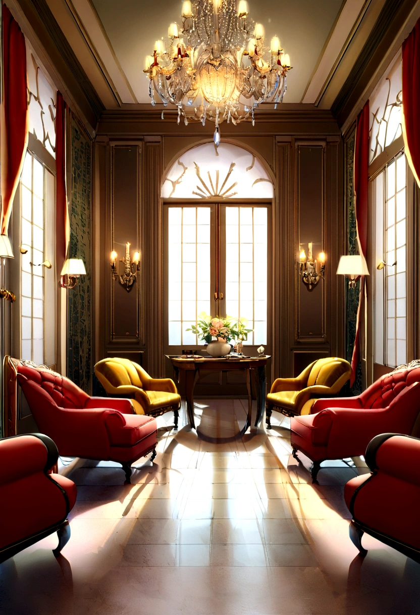 And now I felt a gentle push on my lower back, and a tug on my hand, as if the room itself was inviting me in. "Nope, meus sapatos...&quot; started, but the push and pull became firmer and I found myself clumsily crossing the threshold, no veludo carmesim bordado. The furniture was as grand as the room itself., esculpido, golden and polished until it shined in the sunlight that came through the windows. Havia uma cama enorme sobre um estrado, dossel em ouro com uma colcha branca transparente; a maior penteadeira que eu poderia imaginar, covered with brushes and combs and cut glass bottles of perfumes and cosmetics; a desk so elegant I could barely imagine sitting at it; and rich golden velvet sofas and chairs spread throughout the room, para que eu pudesse sentar em quase qualquer lugar se tivesse vontade de repente. Eu dei outro passo para dentro da sala, my eyes wandering from the beautiful walls to the magnificent furniture and to the high ceiling with hanging crystal chandeliers - the room was so big it needed five of them.