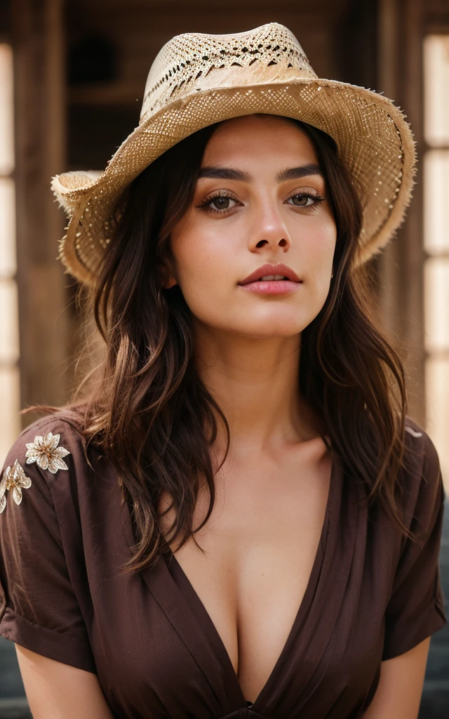 Beautiful brunette with dark brown eyes, cute appearance, Brazilian peasant clothing, cowboy hat, naturally wavy hair, detailed facial features, beautiful intricate details, Elegant Pose, warm lighting, cinematic composition, high quality, photorealistic, digital painting, vibrant colors, beautiful lighting, 8K, hyper detailed