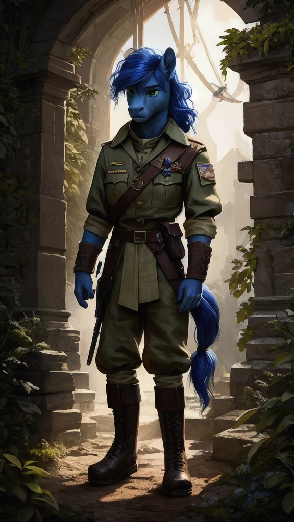 a brave anthro pegasus boy in military uniform and boots, extremely detailed facial features, strong muscular body, heroic pose, cinematic dramatic lighting, epic fantasy, digital painting, intricate details, cinematic composition, highly detailed, 8K, photorealistic, award winning concept art, MLP oc, royal blue fur, emerald green eyes, red yellow and blue mane and tail, detailed hands and human feet, solo