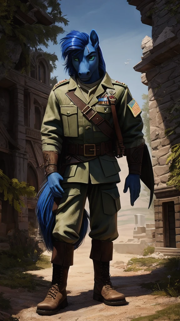 a brave anthro pegasus boy in military uniform and boots, extremely detailed facial features, strong muscular body, heroic pose, cinematic dramatic lighting, epic fantasy, digital painting, intricate details, cinematic composition, highly detailed, 8K, photorealistic, award winning concept art, MLP oc, royal blue fur, emerald green eyes, red yellow and blue mane and tail, detailed hands and human feet, solo