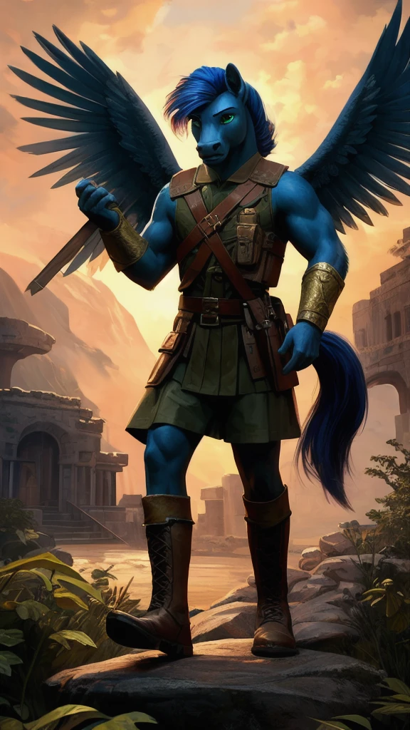 a brave anthro pegasus boy in military uniform and boots, extremely detailed facial features, strong muscular body, heroic pose, cinematic dramatic lighting, epic fantasy, digital painting, intricate details, cinematic composition, highly detailed, 8K, photorealistic, award winning concept art, MLP oc, royal blue fur, emerald green eyes, red yellow and blue mane and tail, detailed hands and human feet, solo