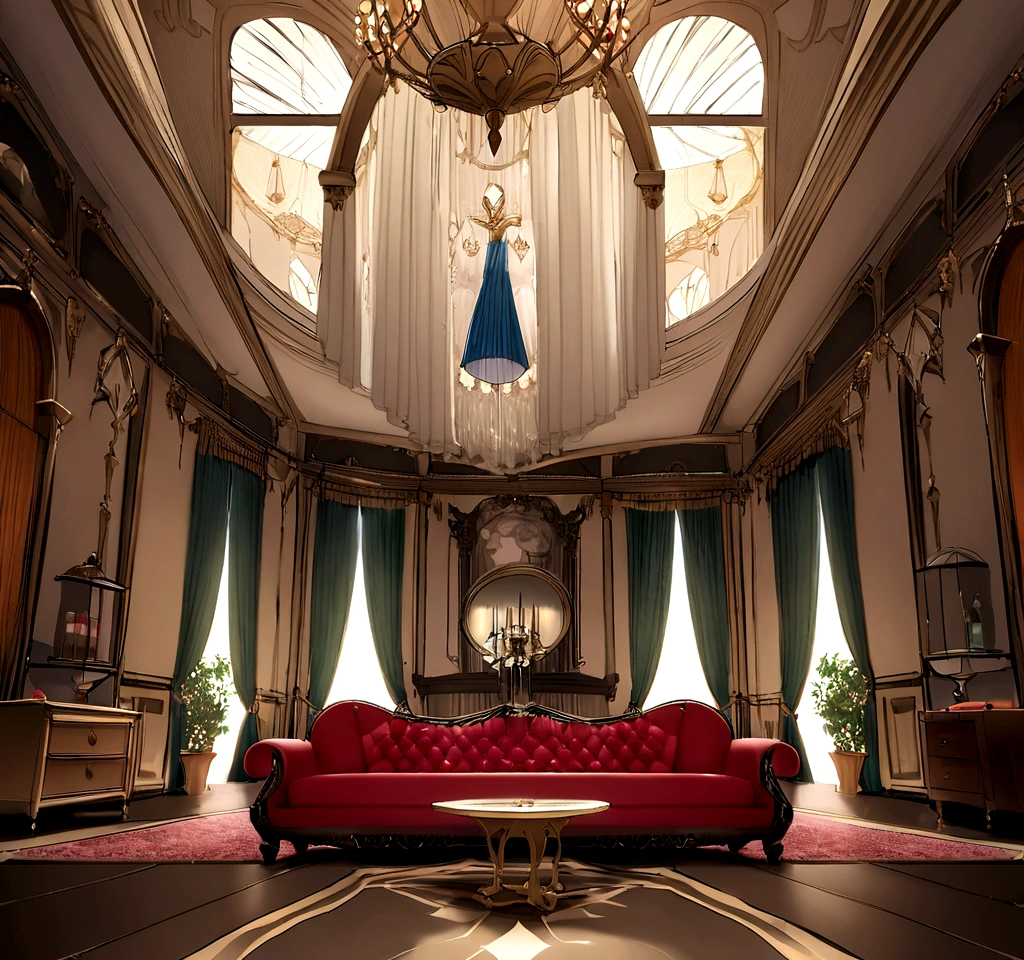 And now I felt a gentle push on my lower back, and a tug on my hand, as if the room itself was inviting me in. "Nope, meus sapatos...&quot; started, but the push and pull became firmer and I found myself clumsily crossing the threshold, no veludo carmesim bordado. The furniture was as grand as the room itself., esculpido, golden and polished until it shined in the sunlight that came through the windows. Havia uma cama enorme sobre um estrado, dossel em ouro com uma colcha branca transparente; a maior penteadeira que eu poderia imaginar, covered with brushes and combs and cut glass bottles of perfumes and cosmetics; a desk so elegant I could barely imagine sitting at it; and rich golden velvet sofas and chairs spread throughout the room, para que eu pudesse sentar em quase qualquer lugar se tivesse vontade de repente. Eu dei outro passo para dentro da sala, my eyes wandering from the beautiful walls to the magnificent furniture and to the high ceiling with hanging crystal chandeliers - the room was so big it needed five of them.