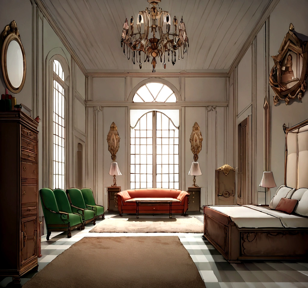 And now I felt a gentle push on my lower back, and a tug on my hand, as if the room itself was inviting me in. "Nope, meus sapatos...&quot; started, but the push and pull became firmer and I found myself clumsily crossing the threshold, no veludo carmesim bordado. The furniture was as grand as the room itself., esculpido, golden and polished until it shined in the sunlight that came through the windows. Havia uma cama enorme sobre um estrado, dossel em ouro com uma colcha branca transparente; a maior penteadeira que eu poderia imaginar, covered with brushes and combs and cut glass bottles of perfumes and cosmetics; a desk so elegant I could barely imagine sitting at it; and rich golden velvet sofas and chairs spread throughout the room, para que eu pudesse sentar em quase qualquer lugar se tivesse vontade de repente. Eu dei outro passo para dentro da sala, my eyes wandering from the beautiful walls to the magnificent furniture and to the high ceiling with hanging crystal chandeliers - the room was so big it needed five of them.
