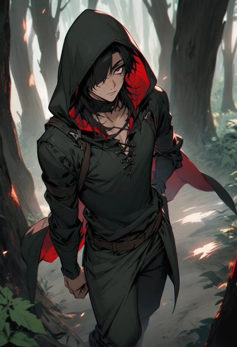 young man ,Male Dark, dark Woods,Red & Black colors, odd eye, rogue dnd, wear hood