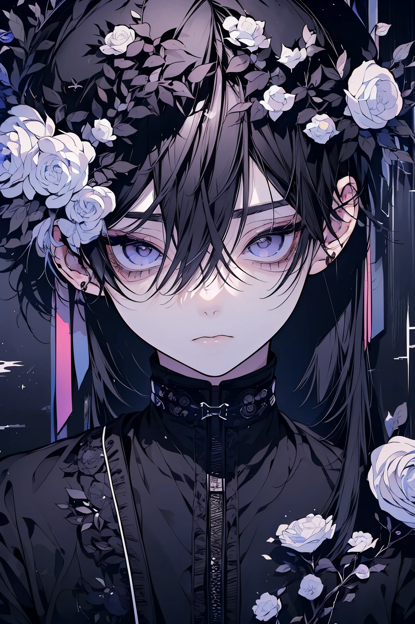 (Mastepiece), (Best Quality), Very detailed, 1 boy, Solo Shooting, Perfect Face, Beautiful Face, Very detailed顔，(Black and white hair:1.3)，(Big eyes:1.4)，(Long eyelashes:1.4)、(Black eyes:1.3)、Lots of flowers