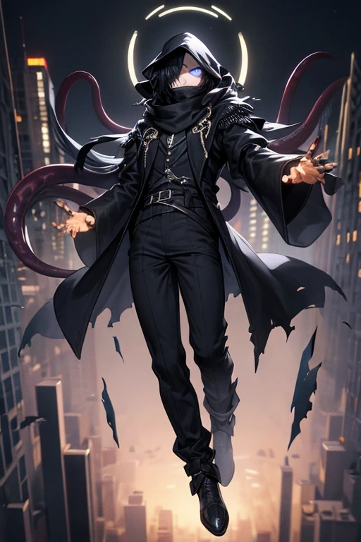 ((best quality)), ((masterpiece)), (detailed), 1 boy, full body, 23 years old, young adult, black scarf, bandage covering his mouth, eyes glowing white, 1 scratch on his right eye, pointy hood, black skin, disheveled hair, torn black coat covering everything, baggy sleeves, tall, thin, torn sleeves, white marks on his coat in a zig zag pattern, black portals, black fingers, black wristbands with white circles, black tentacles coming out of his coat, warlock, brooch with an eye symbol on his coat, claws, black baggy pants, black boots, floating through the city, floating books, darkness, night city background, anime