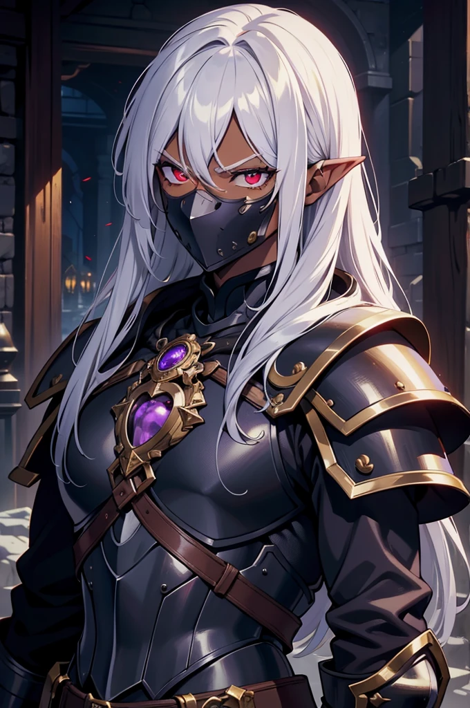 masterpiece, best quality, 8k, ultra high res, dark theme, 1boy, male, (dungeonpunk armor), (mechanical steampunk armor), (wearing armor), fantasy illustration, dark skinned, human, upper body, portrait, red eyes, perfect eyes, long white hair, half-drow, pointy ears, serious face, young man, dramatic lighting, purple hue, art by Kinema Citrus