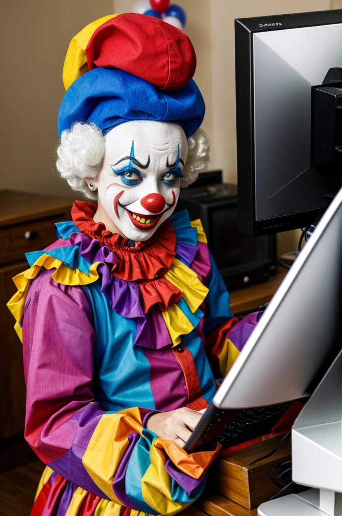A real and sad clown who is working with the computer