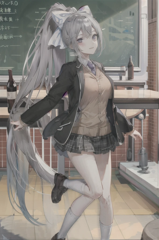 masterpiece, Highest quality, High resolution, Higuchi Kaede, One Girl, Virtual YouTuber, alone, Long Hair, Mole under the eye, skirt, tie, Jacket, Purple eyes, socks, ponytail, hair ornaments, white bow, hair bow, bow, blazer, very Long Hair, purple tie, pleated skirt, white socks, Hair Clip, Open clothes, cardigan, , Knee-length, Grey Hair, black Jacket, shirt, collared shirt, Plaid, open Jacket, bangs, Plaid skirt, miniskirt, tachi-e, white shirt,I can see her panties, Long sleeve, 短すぎるgrey skirt, Large breasts, Tight clothing,Plaid tie椅子に座っている,Leg spread,サテン生地のI can see her panties, Cowboy Shot, Contemptuous face,