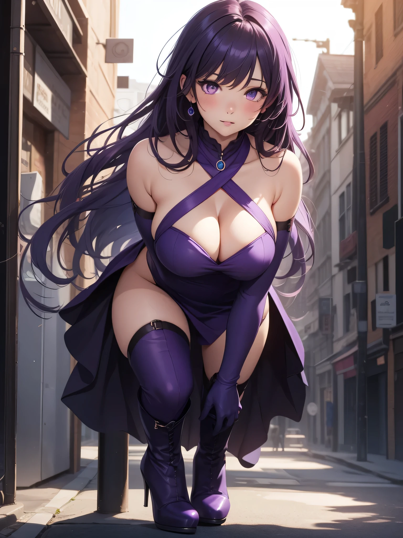 Full body, beatiful purple eyes, blush, cute face, realistic, 8k, best quality, masterpiece, high resolution, (1 cute woman, solo: 1.1), very big breasts, long purple hair, purple dress, purple elbow gloves, purple high heel boots, naked shoulders