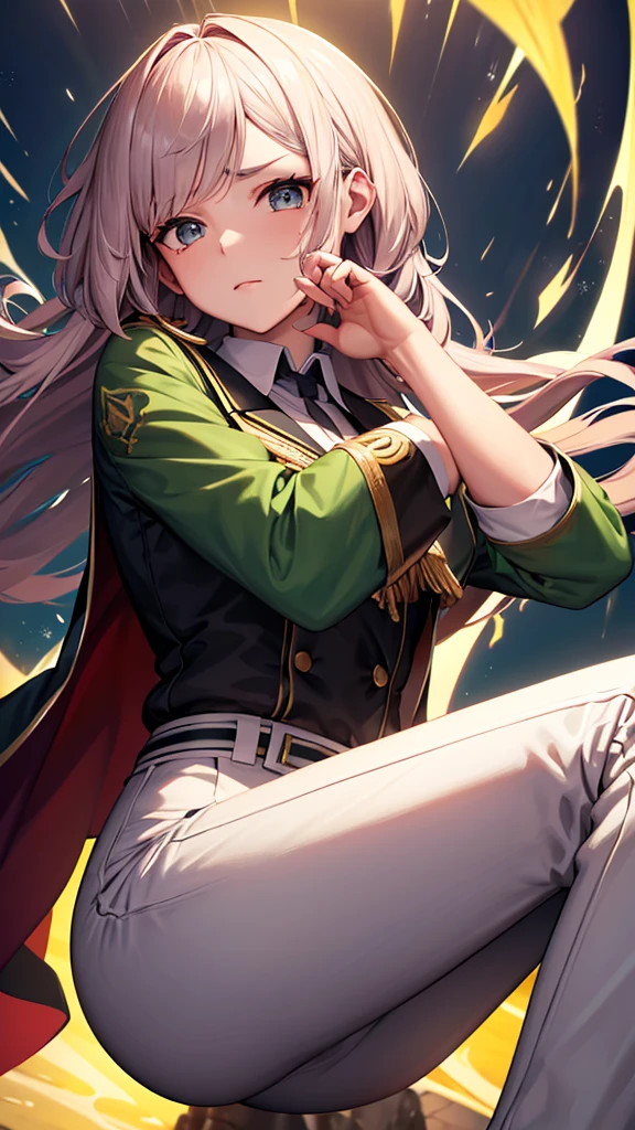 Create a detailed and faithful anime-style illustration of Haruka Sakura from “Wind Breaker.” The character has the following distinctive features:
1. Hair: Divided evenly at the middle, the right half is black, and the left half is white.
2. Eyes: The right eye is black, and the left eye is gold.
3. Eyebrows: The right eyebrow is black, and the left eyebrow is white.
4. Uniform:
• A green student uniform with gold embroidery on the collar and cuffs.
• The inner shirt is white.
• The belt is brown.
• The uniform’s jacket and pants are olive green.
• The uniform buttons are white.
• A white armband on the left sleeve.
5. Pose and expression: Include a confident and composed expression suitable for a student in a uniform.