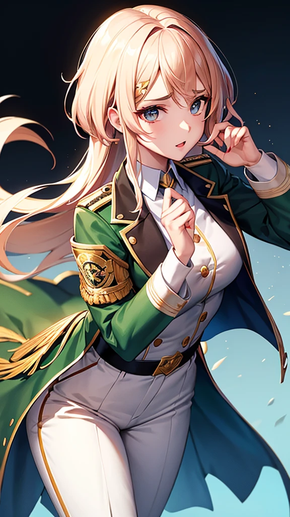 Create a detailed and faithful anime-style illustration of Haruka Sakura from “Wind Breaker.” The character has the following distinctive features:
1. Hair: Divided evenly at the middle, the right half is black, and the left half is white.
2. Eyes: The right eye is black, and the left eye is gold.
3. Eyebrows: The right eyebrow is black, and the left eyebrow is white.
4. Uniform:
• A green student uniform with gold embroidery on the collar and cuffs.
• The inner shirt is white.
• The belt is brown.
• The uniform’s jacket and pants are olive green.
• The uniform buttons are white.
• A white armband on the left sleeve.
5. Pose and expression: Include a confident and composed expression suitable for a student in a uniform.