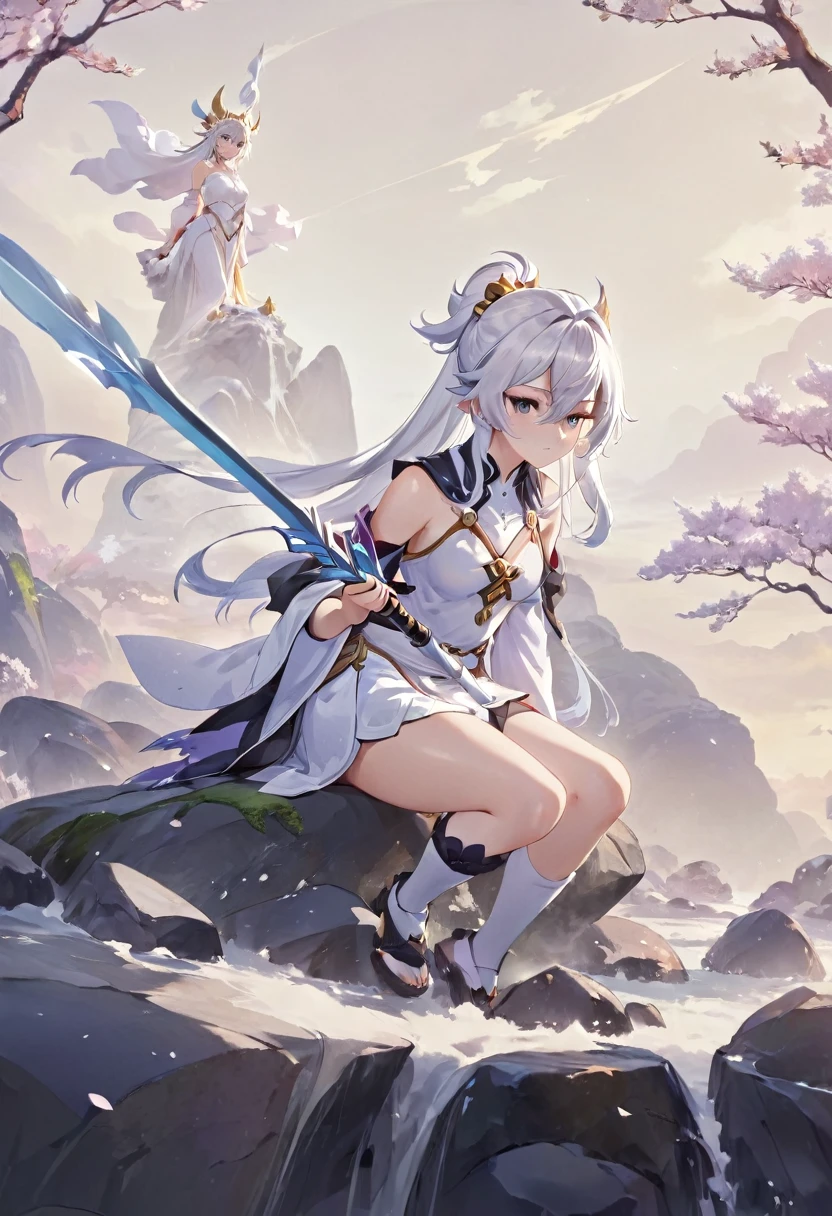 anime girl sitting on a rock with a sword in her hand, white haired deity, guweiz, artwork in the style of guweiz, guweiz on artstation pixiv, clean detailed anime art, guweiz on pixiv artstation, beautiful anime artwork, keqing from genshin impact, anime goddess, beautiful fantasy anime, anime fantasy artwork