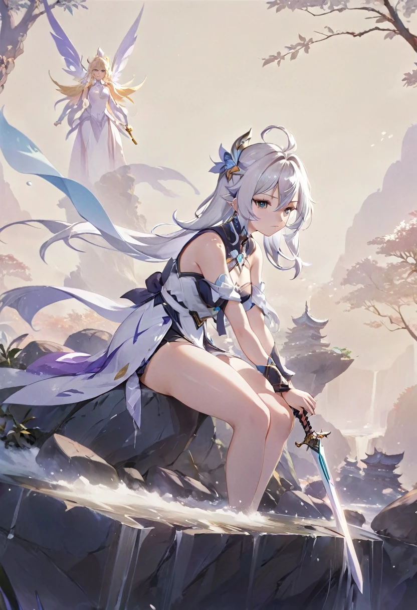 anime girl sitting on a rock with a sword in her hand, white haired deity, guweiz, artwork in the style of guweiz, guweiz on artstation pixiv, clean detailed anime art, guweiz on pixiv artstation, beautiful anime artwork, keqing from genshin impact, anime goddess, beautiful fantasy anime, anime fantasy artwork