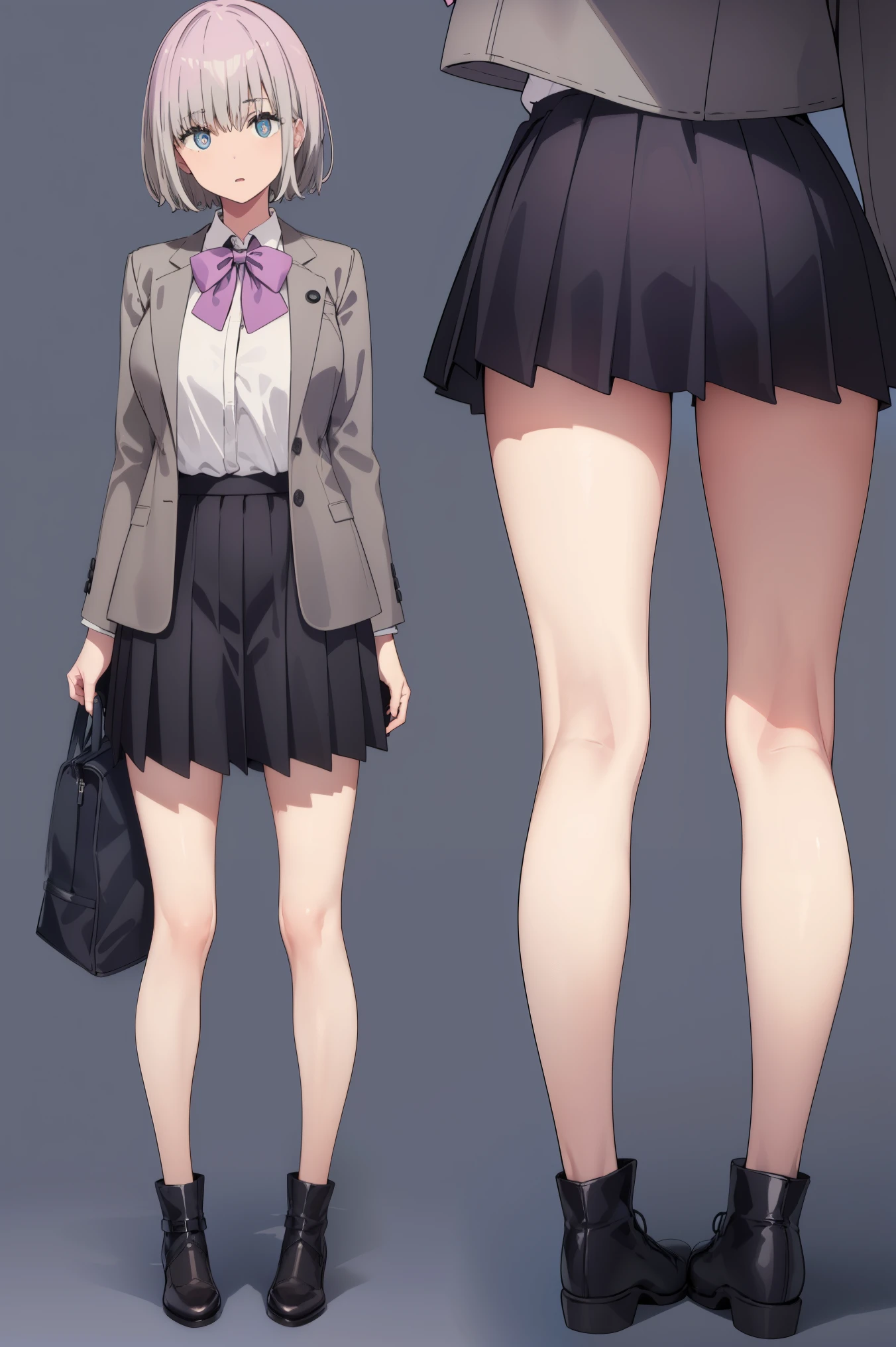 bbakane,short hair,large breasts,
BREAK  (bow, grey jacket, shirt, pleated skirt:1,2)
BREAK (multiple views:1.5),from behind,from_front,(blue background:1.3),(full body:1.4),arms at sides,
BREAK ocean,
BREAK (masterpiece:1.2), best quality, high resolution, unity 8k wallpaper, (illustration:0.8), (beautiful detailed eyes:1.6), extremely detailed face, perfect lighting, extremely detailed CG, (perfect hands, perfect anatomy),