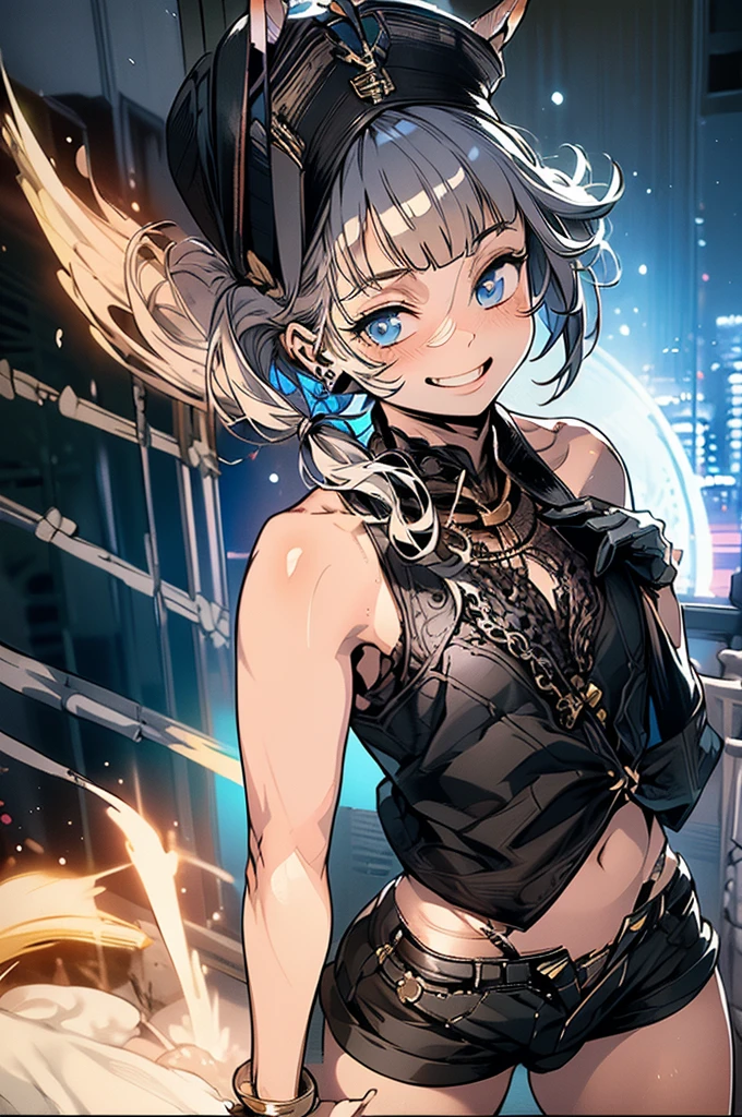 (masterpiece, very high quality, perfect anatomy, erotic, sexy) medieval world, 1 man, young, slender, small, thick thighs short silver hair, bangs, sea green eyes (black pirate hat, black vest, short leather shorts ,) belly exposed, on a pirate ship slutty smile, flushed face, excited expression