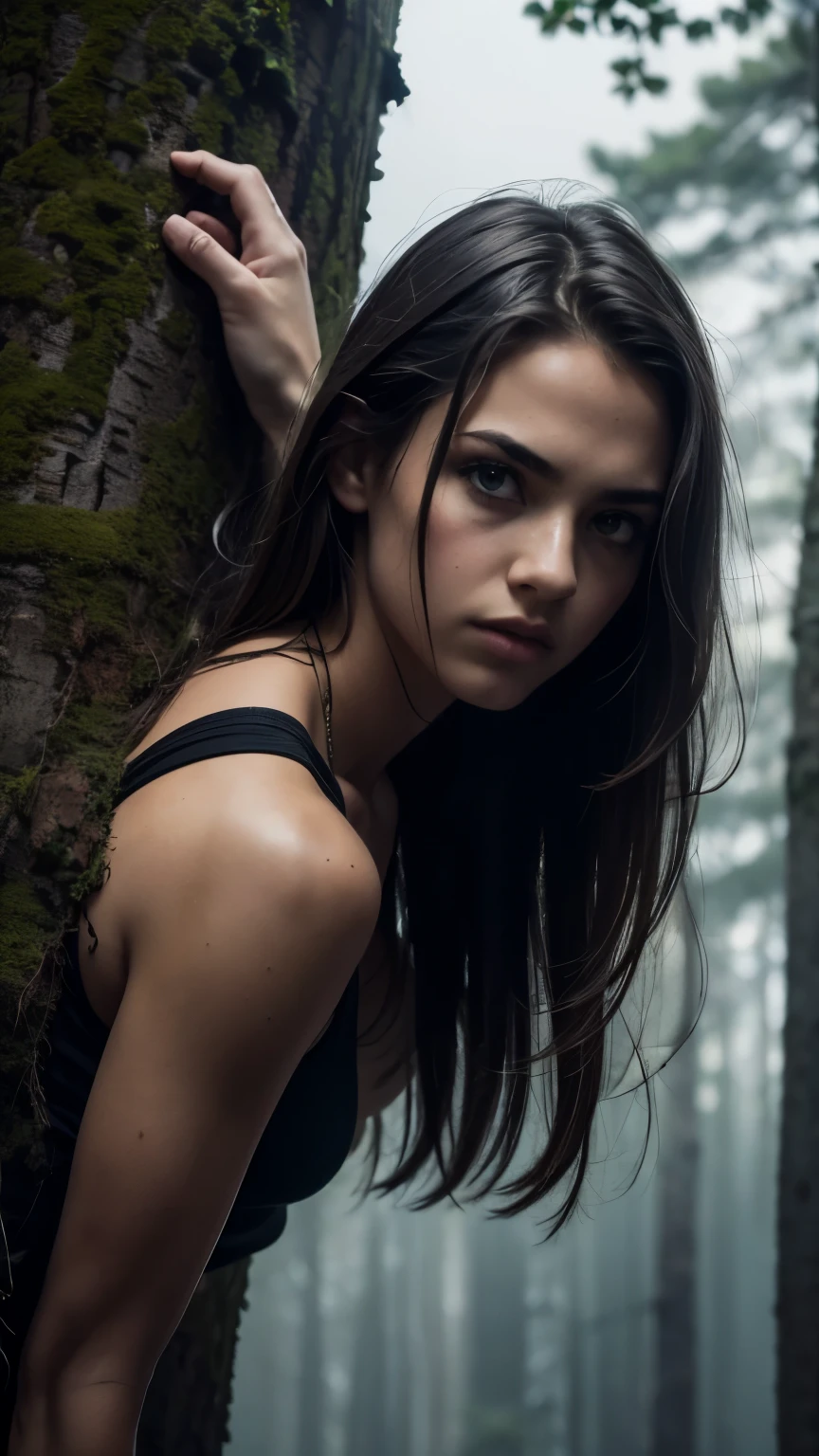 a teenage girl hanging from tree by neck, horrific atmosphere, sadness, torn clothing, realistic, photorealistic, extremely detailed, hyper detailed, highly detailed, vibrant colors, dramatic lighting, chiaroscuro, cinematic, moody, gritty, dark, gothic, somber, melancholic, emotional, haunting, unsettling, disturbing, tragic, poignant, best quality, 8k, highres, masterpiece