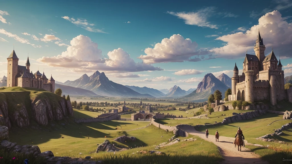 work of art, ultra detaild, medieval fantasy, plains, castle in the background, mountains on the horizon, Sunnyday, clouds