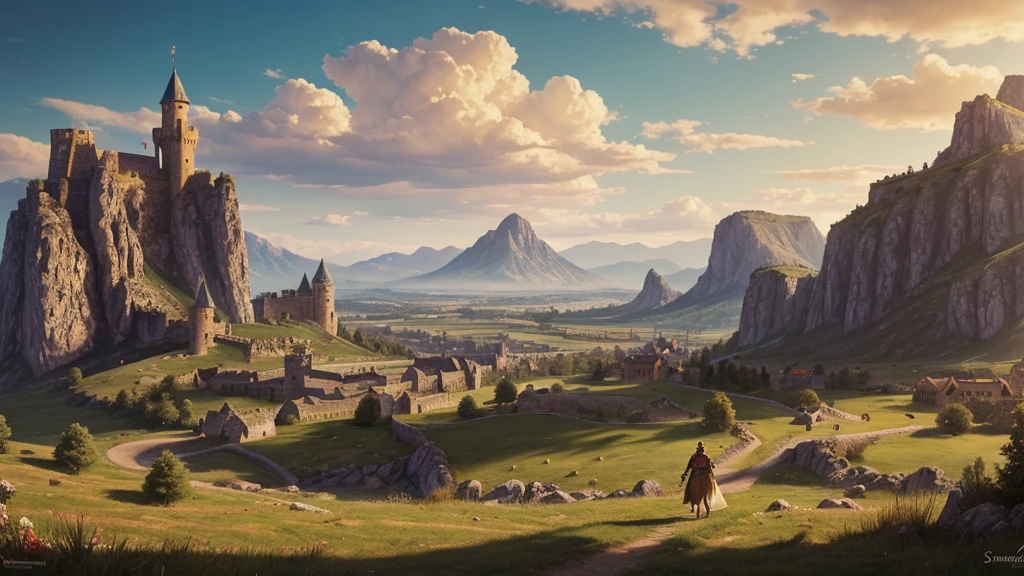 work of art, ultra detaild, medieval fantasy, plains, castle in the background, mountains on the horizon, Sunnyday, clouds