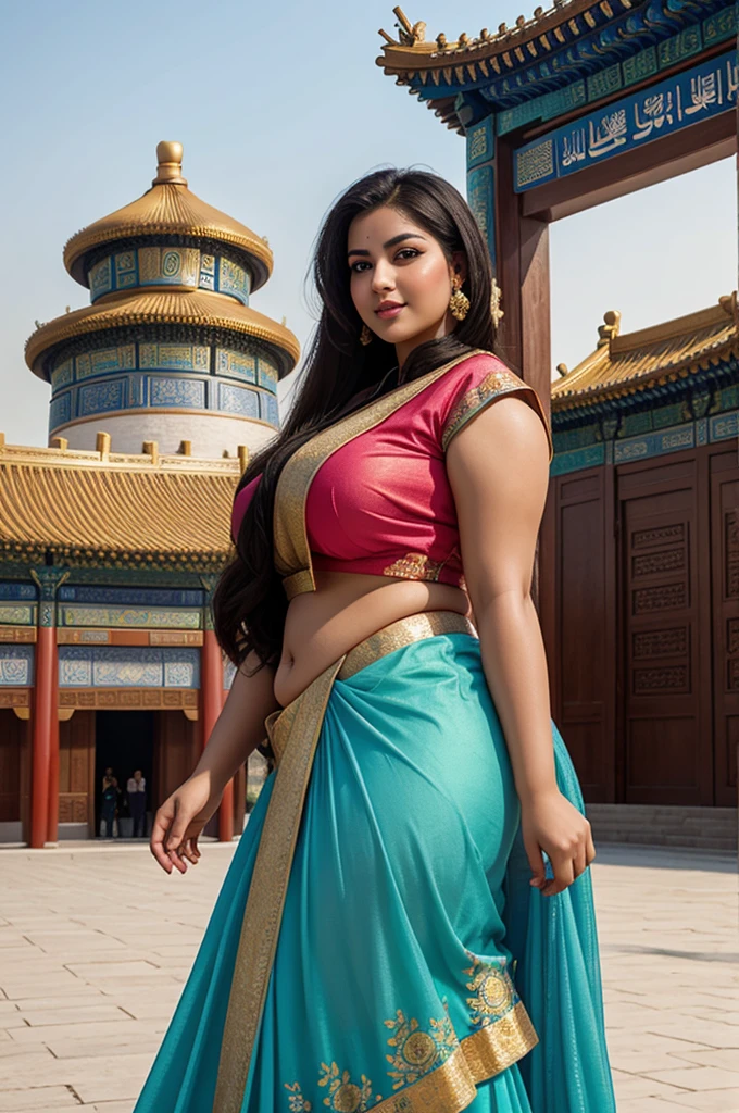 1 Heavenly beautiful and goddess beauty cute and sweet looking face Arabian female in front of Temple of Heaven, China, Heavenly beautiful Overweight, Heavenly beautiful Extremely fat, Heavenly beautiful and attractive Chubby figure , Heavenly beautiful looking and eye catching luxury style Ajrakh Sarees , reaching out, Heavenly beautiful Arabian woman, 16k, High resolution, masterpiece, highest quality, fine skin, outside view, Realistic Photograph, close up face view