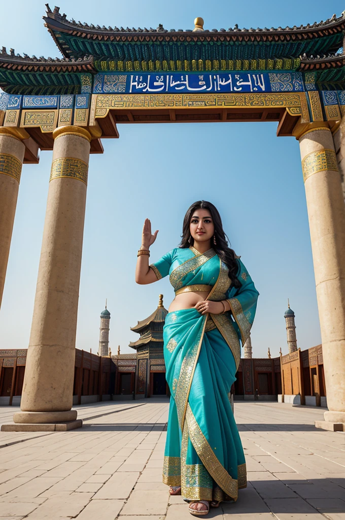 1 Heavenly beautiful and goddess beauty cute and sweet looking face Arabian female in front of Temple of Heaven, China, Heavenly beautiful Overweight, Heavenly beautiful Extremely fat, Heavenly beautiful and attractive Chubby figure , Heavenly beautiful looking and eye catching luxury style Ajrakh Sarees , reaching out, Heavenly beautiful Arabian woman, 16k, High resolution, masterpiece, highest quality, fine skin, outside view, Realistic Photograph, close up face view
