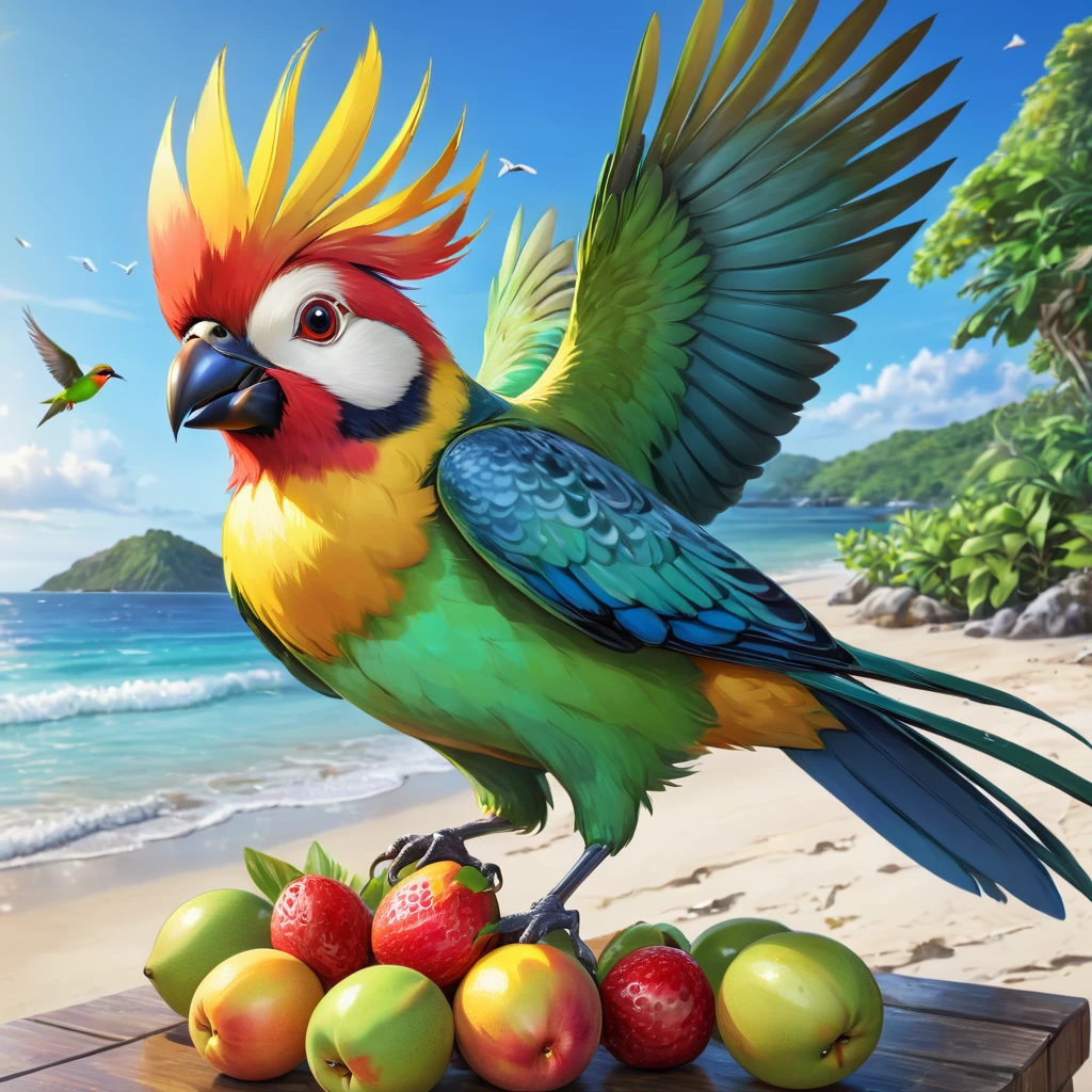 8k HDR High resolution Top quality Realistic Beautiful depiction Fresh Colorful bird of southern island Pecking fruit Seaside
