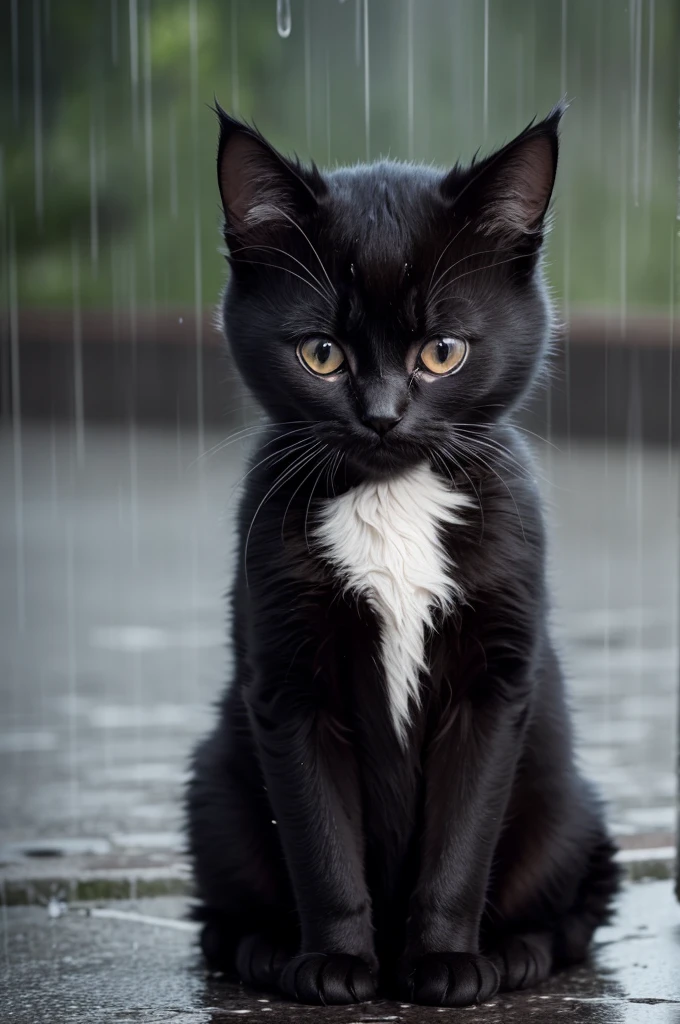 black cat kitten crying in the rain injured