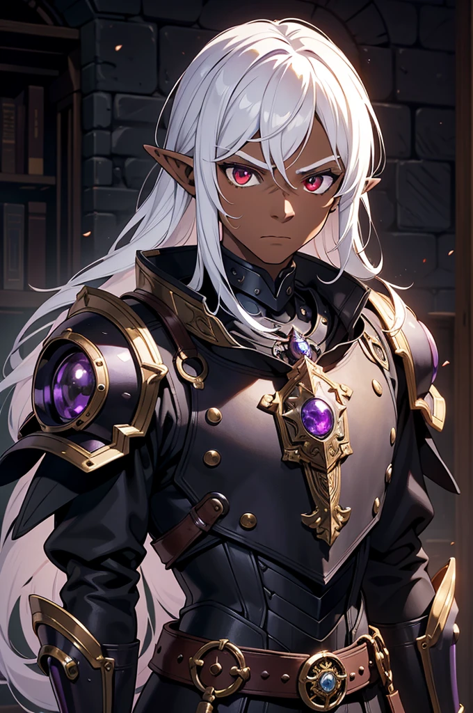masterpiece, best quality, 8k, ultra high res, dark theme, 1boy, young man, (dungeonpunk armor), (mechanical steampunk armor), (wearing armor), fantasy illustration, dark skinned, human, upper body, portrait, red eyes, perfect eyes, long white hair, half-drow, pointy ears, serious face, young man, dramatic lighting, purple hue, art by Kinema Citrus