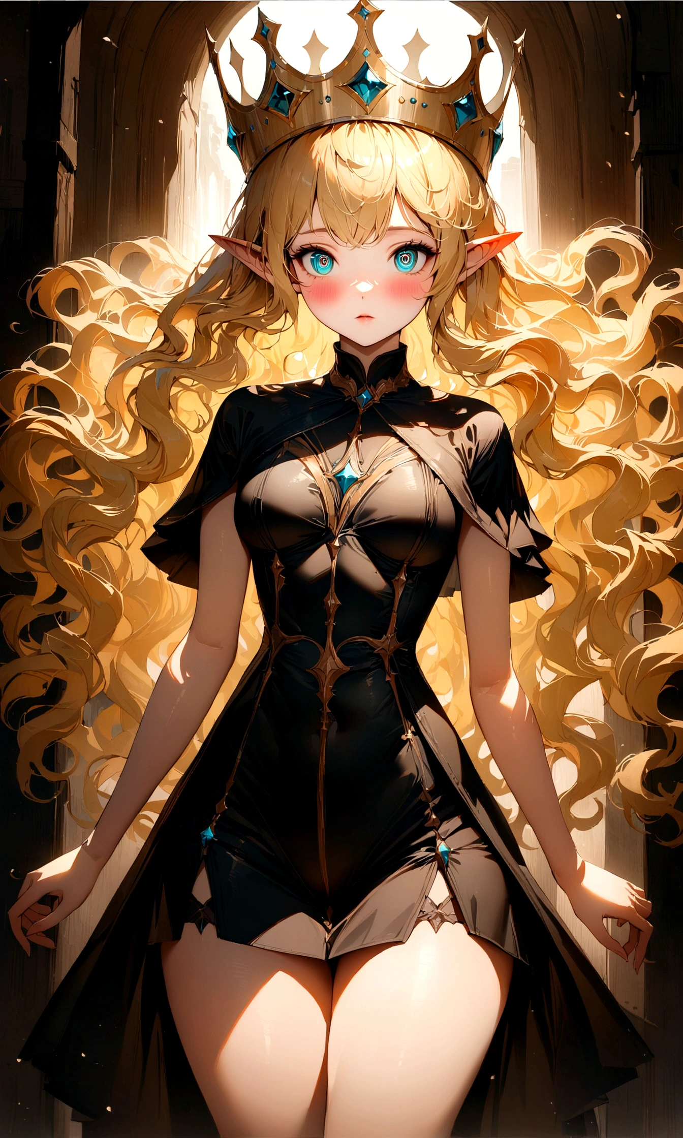 blonde hair, wavy hair, big hair, expressive hair, crown, aqua eyes, ringed eyes, long pointy ears, blush, Surrealism, Realism, Surrealism, cinematic lighting, drop shadow, vignetting, vanishing point, f/16, 35mm, Sony FE GM, 8k, super detail, textured skin, super detail, high details, high quality, best quality, masterpiece, Black clothes, pointy medium breasts, thin waist, thick thighs