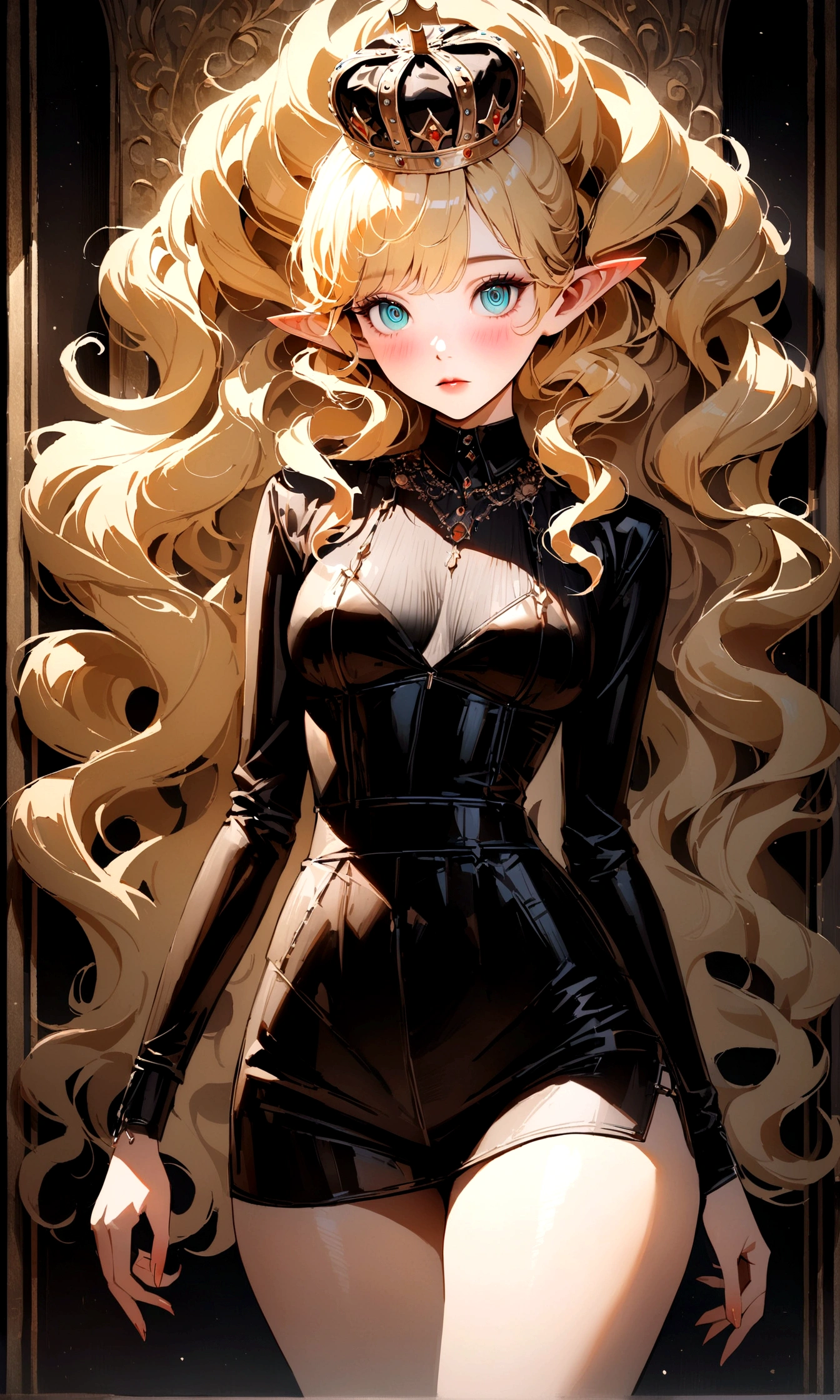 blonde hair, wavy hair, big hair, expressive hair, crown, aqua eyes, ringed eyes, long pointy ears, blush, Surrealism, Realism, Surrealism, cinematic lighting, drop shadow, vignetting, vanishing point, f/16, 35mm, Sony FE GM, 8k, super detail, textured skin, super detail, high details, high quality, best quality, masterpiece, Black clothes, pointy medium breasts, thin waist, thick thighs